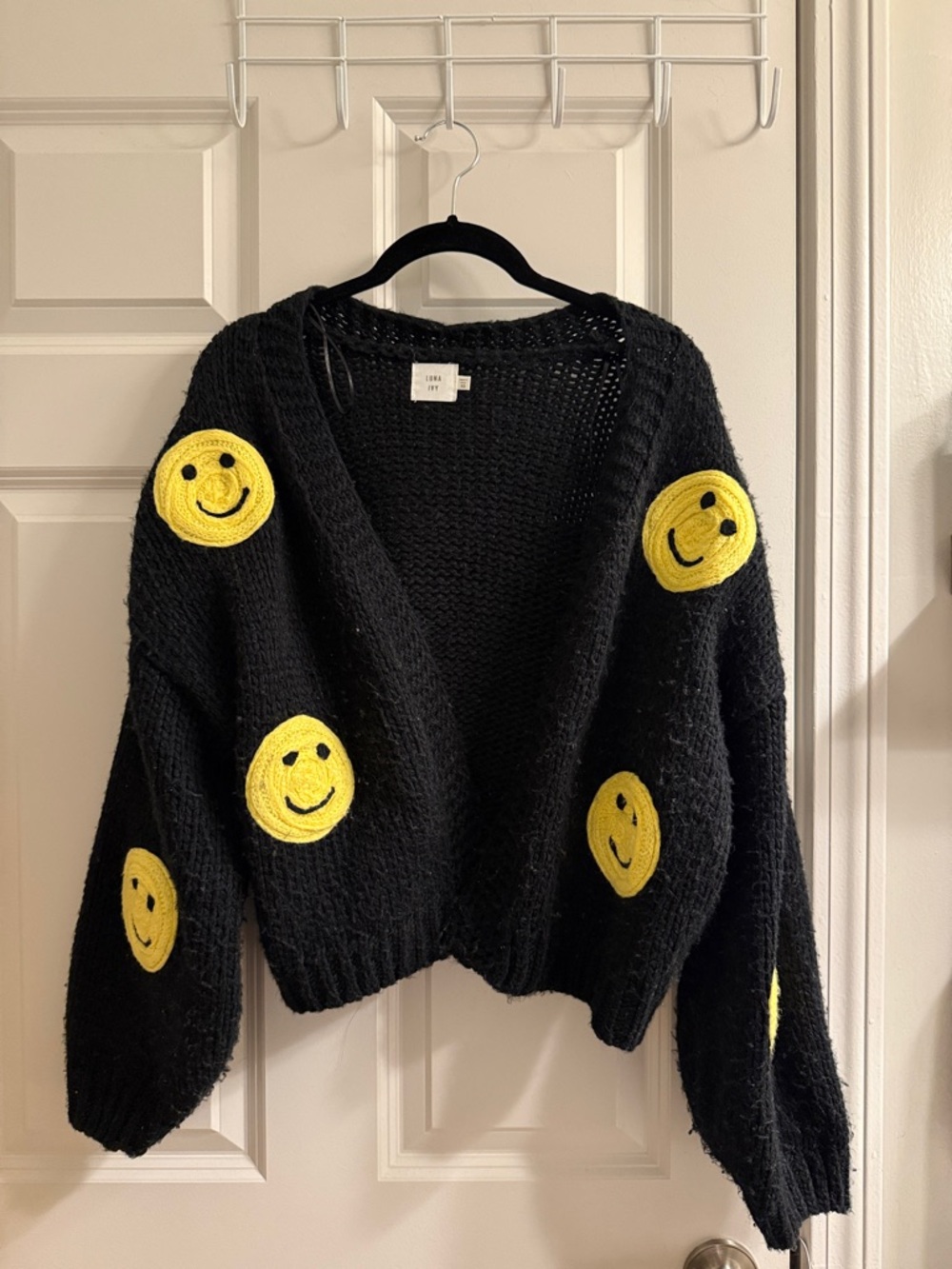 Luna & Ivy Black Smiley Patch Open-Front Women's Cardigan Sweater